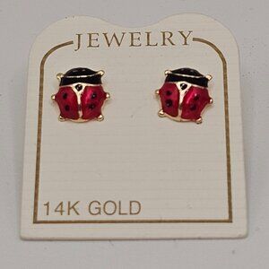 14KT Gold Ladybug Enamel Stud Screw Back Earrings 8mm